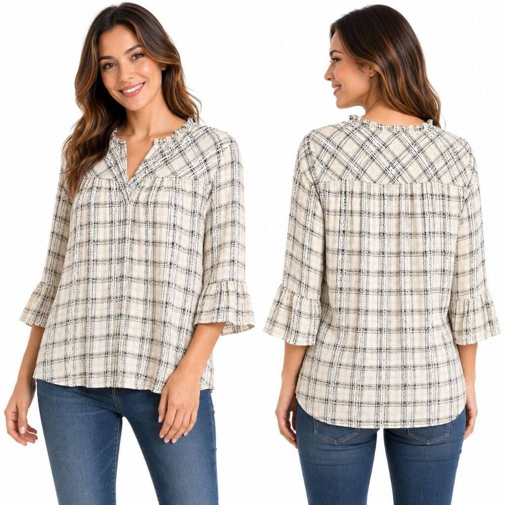 LOFT Cream Pattern Blouse M Long Sleeve Lightweight